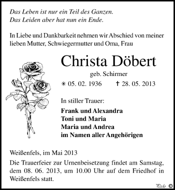 Traueranzeige von Christa Döbert von Mitteldeutsche Zeitung Weißenfels