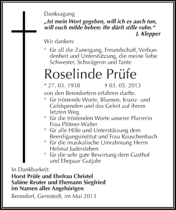 Traueranzeige von Roselinde Prüfe von Mitteldeutsche Zeitung Naumburg/Nebra