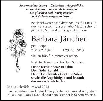 Traueranzeige von Barbara Jänchen von Mitteldeutsche Zeitung Merseburg/Querfurt