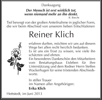 Traueranzeige von Reiner Klich von Mitteldeutsche Zeitung Aschersleben