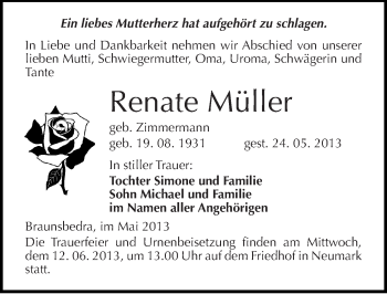 Traueranzeige von Renate Müller von Mitteldeutsche Zeitung Merseburg/Querfurt