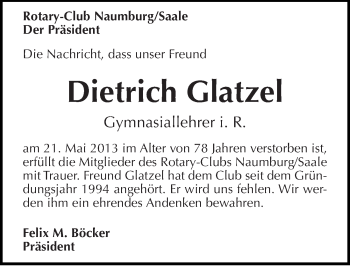 Traueranzeige von Dietrich Glatzel von Mitteldeutsche Zeitung Naumburg/Nebra