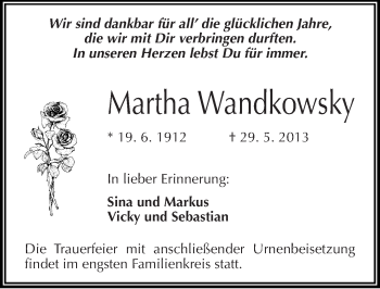 Traueranzeige von Martha Wandkowsky von Mitteldeutsche Zeitung Halle/Saalkreis