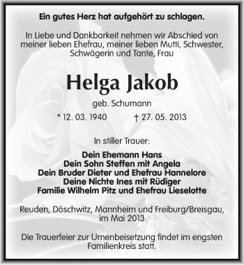 Traueranzeige von Helga Jakob von Mitteldeutsche Zeitung Zeitz