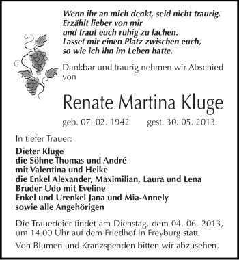 Traueranzeige von Renate Martina Kluge von Mitteldeutsche Zeitung Naumburg/Nebra