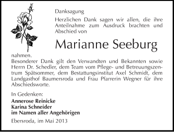 Traueranzeige von Marianne Seeburg von Mitteldeutsche Zeitung Naumburg/Nebra