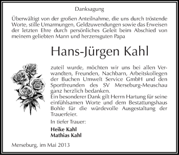 Traueranzeige von Hans-Jürgen Kahl von Mitteldeutsche Zeitung Merseburg/Querfurt