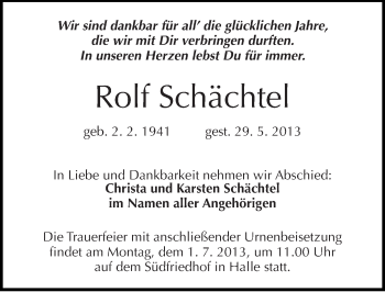 Traueranzeige von Rolf Schächtel von Mitteldeutsche Zeitung Halle/Saalkreis