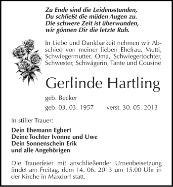Traueranzeige von Gerlinde Hartling von Mitteldeutsche Zeitung Köthen