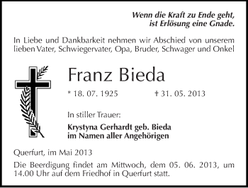 Traueranzeige von Franz Bieda von Mitteldeutsche Zeitung Merseburg/Querfurt