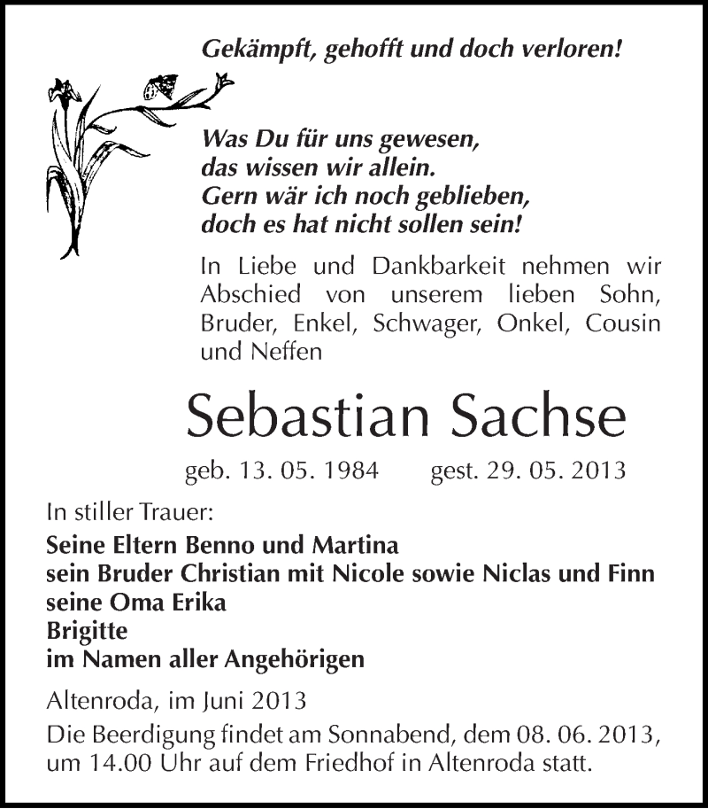  Traueranzeige für Sebastian Sachse vom 04.06.2013 aus Mitteldeutsche Zeitung Naumburg/Nebra