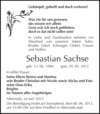 Traueranzeige von Sebastian Sachse von Mitteldeutsche Zeitung Naumburg/Nebra