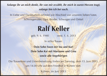 Traueranzeige von Ralf Keller von Mitteldeutsche Zeitung Köthen