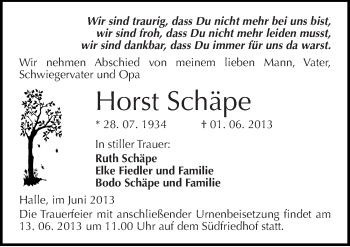 Traueranzeige von Horst Schäpe von Mitteldeutsche Zeitung Halle/Saalkreis