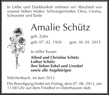 Traueranzeige von Amalie Schütz von Mitteldeutsche Zeitung Aschersleben