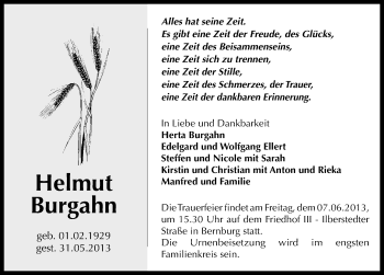 Traueranzeige von Helmut Burgahn von Mitteldeutsche Zeitung Bernburg