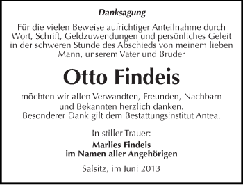 Traueranzeige von Otto Findeis von Mitteldeutsche Zeitung Zeitz