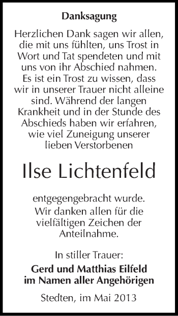 Traueranzeige von Ilse Lichtenfeld von Mitteldeutsche Zeitung Aschersleben