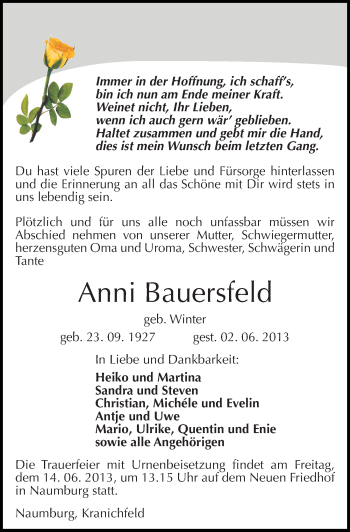 Traueranzeige von Anni Bauersfeld von Mitteldeutsche Zeitung Naumburg/Nebra
