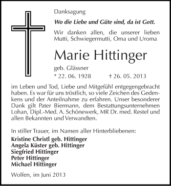 Traueranzeige von Marie Hittinger von Mitteldeutsche Zeitung Bitterfeld