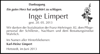 Traueranzeige von Inge Limpert von Mitteldeutsche Zeitung Aschersleben