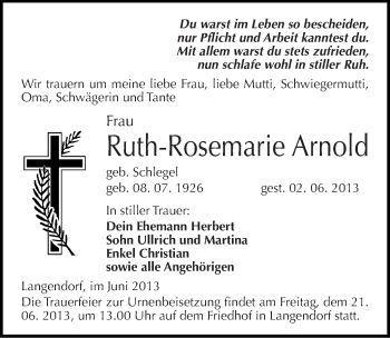 Traueranzeige von Ruth-Rosemarie Arnold von Mitteldeutsche Zeitung Weißenfels