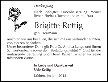 Traueranzeige von Brigitte Rettig von Mitteldeutsche Zeitung Köthen