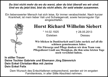 Traueranzeige von Horst Richard Wilhelm Siebert von Mitteldeutsche Zeitung Dessau-Roßlau
