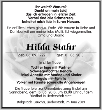 Traueranzeige von Hilda Stahr von Mitteldeutsche Zeitung