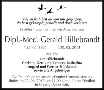 Traueranzeige von Gerald Hillebrandt von Mitteldeutsche Zeitung Wittenberg