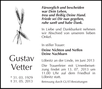 Traueranzeige von Gustav Vetter von Mitteldeutsche Zeitung Köthen