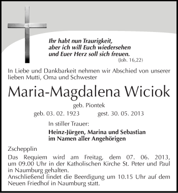Traueranzeige von Maria-Magdalena Wiciok von Mitteldeutsche Zeitung Naumburg/Nebra