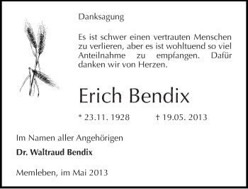 Traueranzeige von Erich Bendix von Mitteldeutsche Zeitung Naumburg/Nebra
