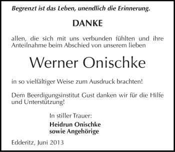 Traueranzeige von Werner Onischke von Mitteldeutsche Zeitung Köthen