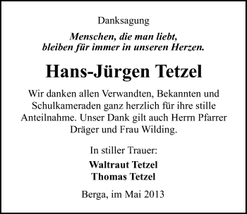 Traueranzeige von Hans-Jürgen Tetzel von Mitteldeutsche Zeitung Sangerhausen