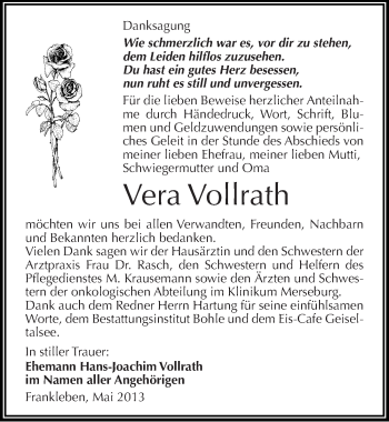 Traueranzeige von Vera Vollrath von Mitteldeutsche Zeitung Merseburg/Querfurt