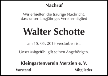 Traueranzeige von Walter Schotte von Mitteldeutsche Zeitung Köthen