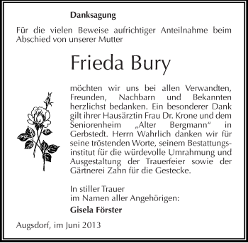 Traueranzeige von Frieda Bury von Mitteldeutsche Zeitung Aschersleben