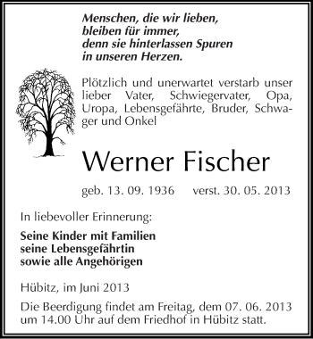 Traueranzeige von Werner Fischer von Mitteldeutsche Zeitung Aschersleben