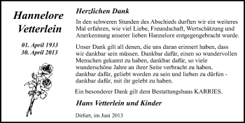 Traueranzeige von Hannelore Vetterlein von Mitteldeutsche Zeitung Quedlinburg