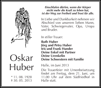 Traueranzeige von Oskar Huber von Mitteldeutsche Zeitung Halle/Saalkreis