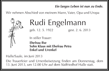 Traueranzeige von Rudi Engelmann von Mitteldeutsche Zeitung Halle/Saalkreis
