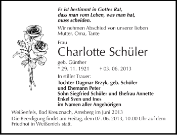 Traueranzeige von Charlotte Schüler von Mitteldeutsche Zeitung Weißenfels