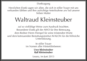 Traueranzeige von Waltraud Kleinsteuber von Mitteldeutsche Zeitung Merseburg/Querfurt