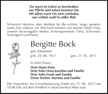 Traueranzeige von Bergitte Bock von Mitteldeutsche Zeitung Halle/Saalkreis
