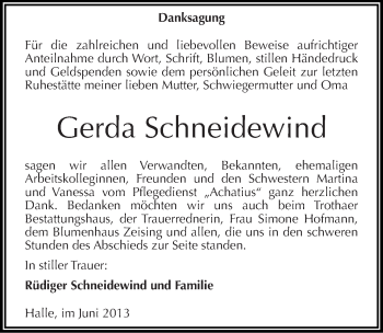 Traueranzeige von Gerda Schneidewind von Mitteldeutsche Zeitung Halle/Saalkreis