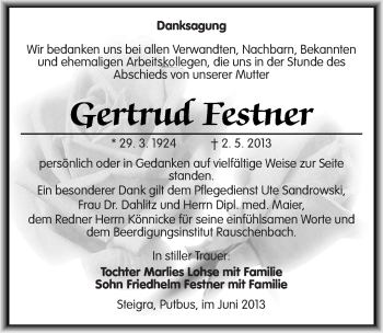 Traueranzeige von Gertrud Festner von Mitteldeutsche Zeitung Merseburg/Querfurt