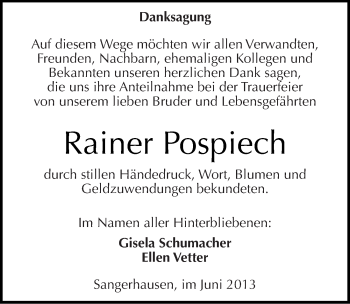 Traueranzeige von Rainer Pospiech von Mitteldeutsche Zeitung Sangerhausen