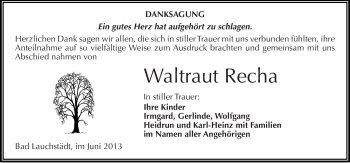 Traueranzeige von Waltraut Recha von Mitteldeutsche Zeitung Merseburg/Querfurt