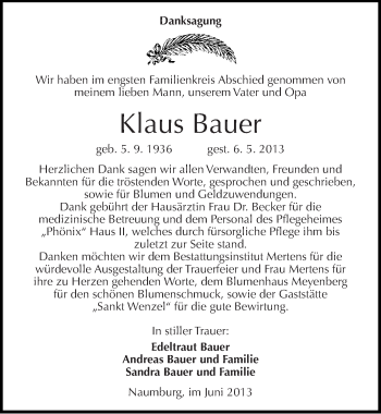 Traueranzeige von Klaus Bauer von Mitteldeutsche Zeitung Naumburg/Nebra